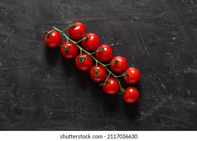 Tomatoes Cherry, Fresh Branch, Top View, Dark Background, With Space To Copy Text.