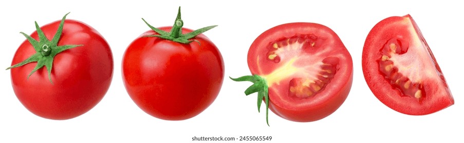 Tomatoes, half and piece tomato isolated on a white background, clipping path, juicy