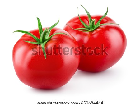 Tomatoes isolated on white background. Two fresh raw vegetables. Full depth of field.