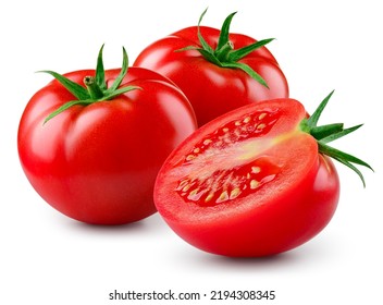 Tomatoes isolated. Tomato on white background. Tomatoes and a half side view. With clipping path. Full depth of field.