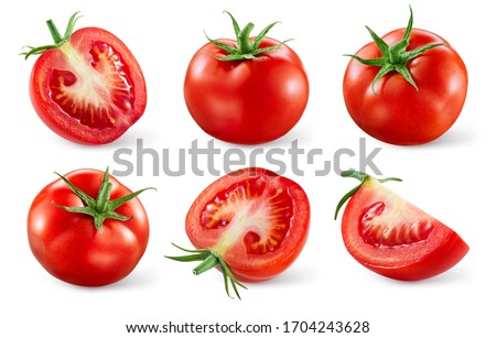 Tomatoes isolated. Tomato whole, cut, half, slice on white. Tomato with clipping path. Tomato set.
