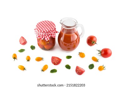 Tomatoes, Juice And Canned Vegetables Isolated On White Background.