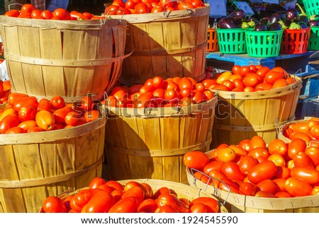 Tomatoes and other vegtables on sale in the Jean-Talon Market Market, Little Italy district, Montreal, Quebec, Canada