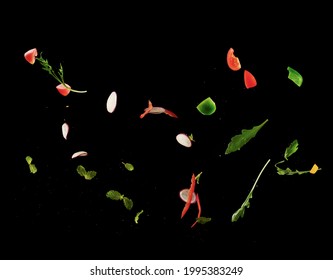 Tomatoes, peppers, onions flying on a black background - Powered by Shutterstock