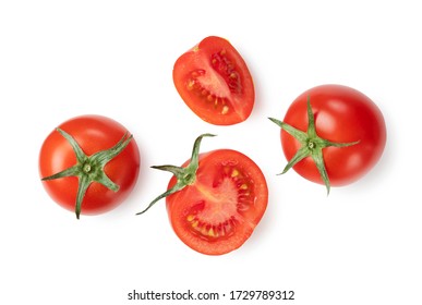 Tomatoes placed on white background and cut tomatoes shot from above - Powered by Shutterstock