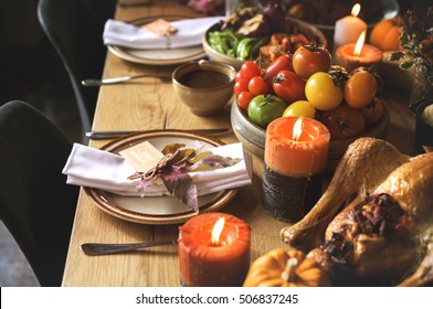 Tomatoes Roasted Turkey Thanksgiving Table Setting Concept