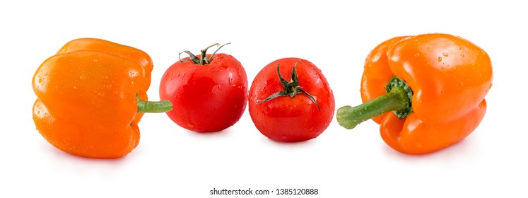 Tomatoes and Yellow Bell Pepper with drops isolated on white background. Panorama website header banner - Powered by Shutterstock