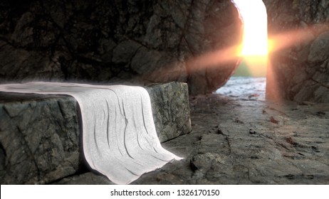Tomb Empty With Crucifixion At Sunrise - Resurrection Of Jesus - 3D Illustration.