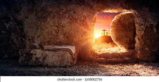 Tomb Empty With Shroud And Crucifixion At Sunrise - Resurrection Of Jesus Christ
 - Shutterstock ID 1658002756