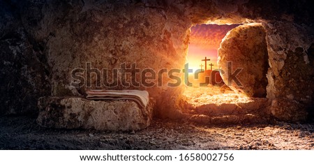 Tomb Empty With Shroud And Crucifixion At Sunrise - Resurrection Of Jesus Christ
