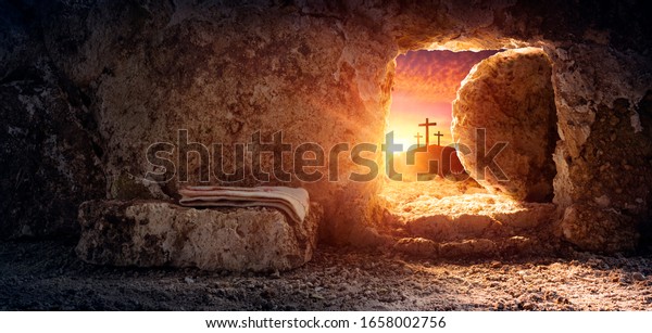 Tomb Empty With Shroud And Crucifixion At\
Sunrise - Resurrection Of Jesus\
Christ\
