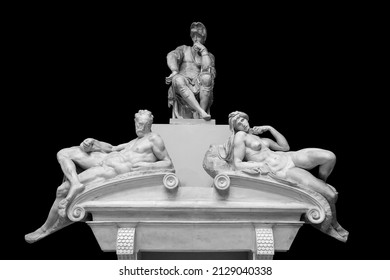 Tomb Of Giuliano De Medici And Below Lying On The Sarcophagus Michelangelo Isolated On Black Background With Clipping Path