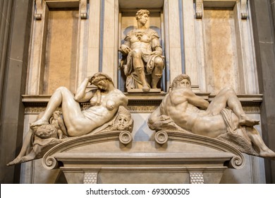 Tomb Of Giuliano De Medici And Below Lying On The Sarcophagus  Michelangelo's Sculptures 'Night And Day'.