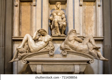 Tomb Of Giuliano De Medici And Below Lying On The Sarcophagus  Michelangelo's Sculptures 'Night And Day'.