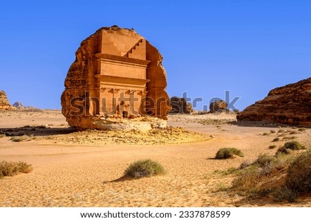 Tomb of Lihyan, son of Kuza. Also known as Qasr Al Farid or 'The Lonely Castle', is a well-known and iconic tomb in Mada'in Salih (Madain Saleh) in Hegra, Al Ula, Kingdom of Saudi Arabia