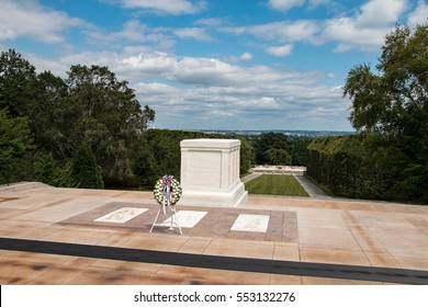 The Tomb of the Unknown Soldier at Arlington National Cemetery stands atop a hill overlooking Washington, D.C.