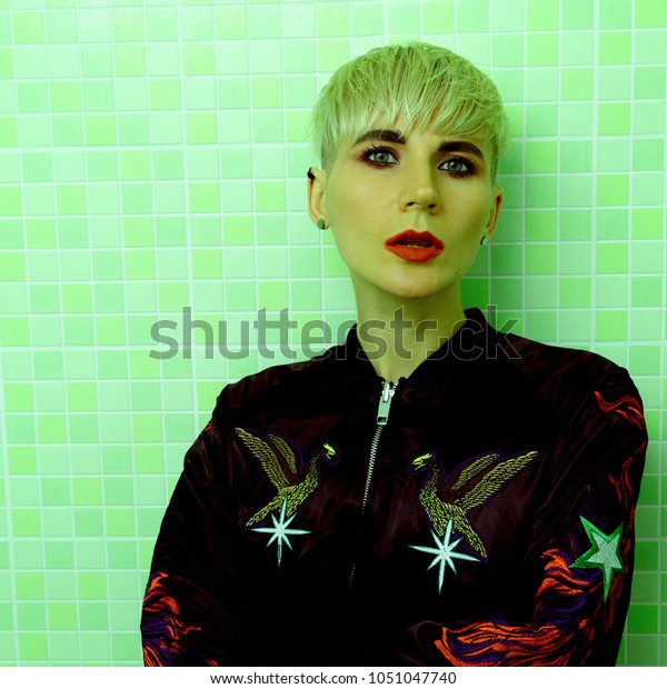 Tomboy Model Rock Fashion Short Haircut People Stock Image