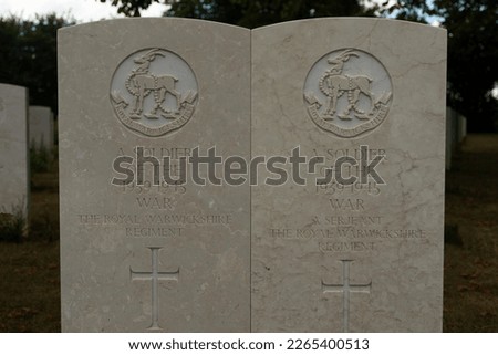 Tombs in Normandy. Graves of British soldiers in the Commonwealth cemetery of Bayeaux, Normandy, France.