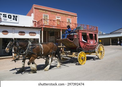 Tombstone, Arizona, USA, April 6, 2015, Stage Coach In Old Western Town Home Of Doc Holliday And Wyatt Earp And Gunfight At The O.K. Corral