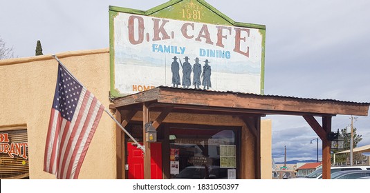 Tombstone, AZ/USA - Jan 15 2019: Tombstone Cafe With American Flag