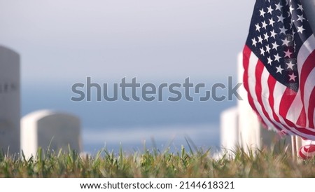 Tombstones and american flag, national memorial cemetery, military graveyard in USA. Headstones or gravestones, green grass. Respect and honor for armed forces soldiers. Veterans and Remembrance Day. Stock photo © 