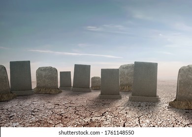 Tombstones on the graveyard on the dry ground. Halloween concept - Shutterstock ID 1761148550