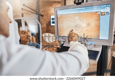 Tomography, medical and ophthalmology with eye exam and doctor for vision, healthcare and screening test. Lens, review and optometry with patient and man for retina picture, results and medicine
