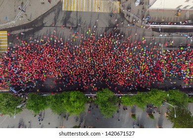 Tomsk, Russia - June 9, 2019: International Marathon Jarche Athletes Runners Crowd Are At Start. Aerial Top View.