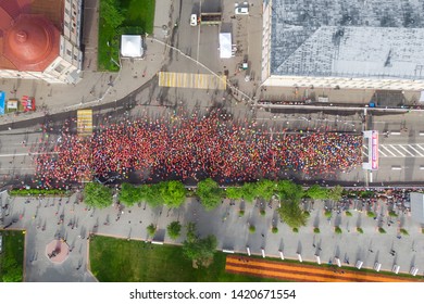 Tomsk, Russia - June 9, 2019: International Marathon Jarche Athletes Runners Crowd Are At Start. Aerial Top View.