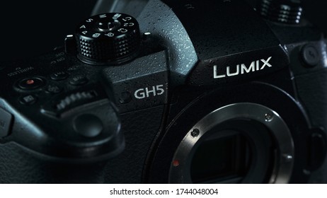 TOMSK, RUSSIA - May 28, 2020: Panasonic Lumix DMC-GH5 Camera Standing On A Black Turntable Without A Lens, Micro Four Thirds System, Black Background