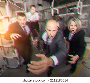 Toned Dynamic Image Of Group Of Business People Running In Stylized Quest Room. Concept Pursuit Of Leadership