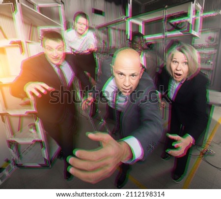 Toned dynamic image of group of business people running in stylized quest room. Concept pursuit of leadership