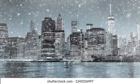 Toned Photo New York City Manhattan Downtown Skyline At Winter Night With Illuminated Skyscrapers