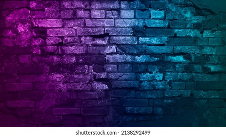 Toned purple blue green brick wall surface. neon effect. Colorful rough background with space for design. Web banner. Grunge backdrop. - Shutterstock ID 2138292499