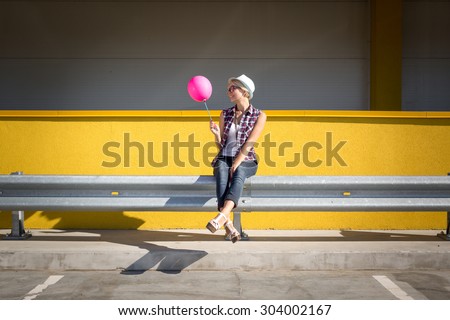 Similar – Young teenage girl blowing pink bubble gum