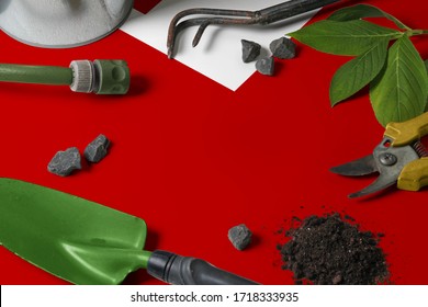 Tonga Flag With Gardening Tools Background On Table. Spring In The Garden Concept With Free Copy Space.