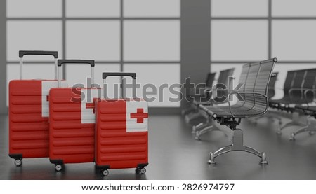 Tonga flag luggage positioned inside spacious airport waiting area with red and white travel suitcases representing Tongan tourism Pacific island vacations tropical journeys international flights passenger baggage ocean holidays aviation transportation overseas adventures national identity departure arrival and destination exploration