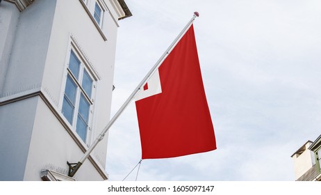 Tonga Flag Outside Building For Advertising, Award, Achievement, Festival, Election. National Flag Of Tonga Waving On Pole