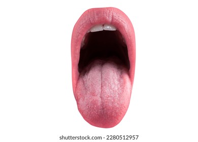 Tongue and sexy female lips. Tongue out on white background. Glamour art lips concept. Mouth icon.