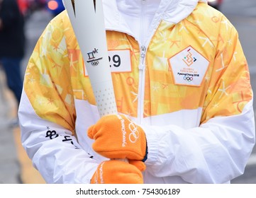 Tongyeong, South Korea - November 13, 2017. Olympic Flame For 2018  PyeongChang Winter Olympics