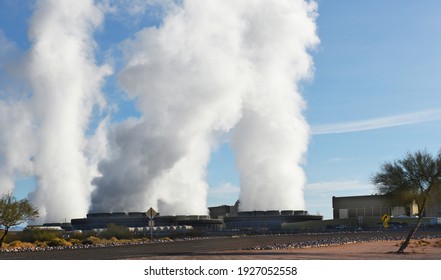 TONOPAH, AZ - DECEMBER 10, 2016: Palo Verde Nuclear Generating Station. Steam Rising From The Power Plant West Of Phoenix.