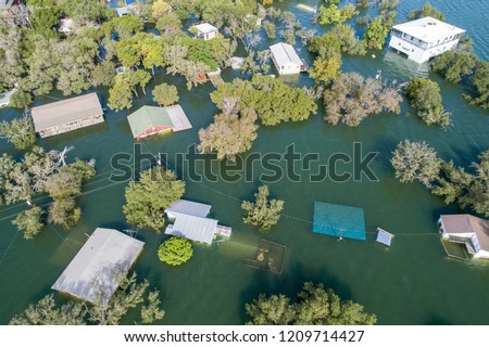 tons of homes totally destroyed , flooded and submerged under water , Historic Flooding aerial drone view above Homes and Houses Central Texas Flooding severe weather and climate change flooding
