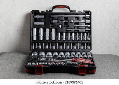  Tool Box, Details Of A Set Of Tools On A Gray Background. Tools. A Set Of Tools. Car Tool Kit. Repair Tools