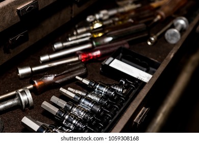 Tool Box Drawer With Hex Sockets, Nut Drivers, And Various Tools Visible Missing Various Sizes