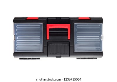 Tool Box On A White Background. Plastic Toolbox Isolated On White Background. Top View.