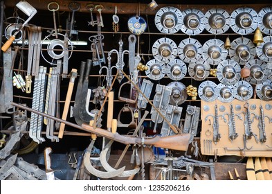 Tool box. Toolset with interior compartments to keep wrenches, ring spanners, hammer, pliers, screws, bolts, wire ,knifes, ax