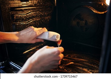 A tool for cleaning the oven and gas stoves. A woman cleans the oven from fat and pollution. - Shutterstock ID 1739715467