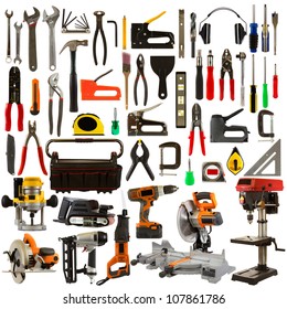 Tool collage isolated on a white background depicting carpentry and construction tools.
