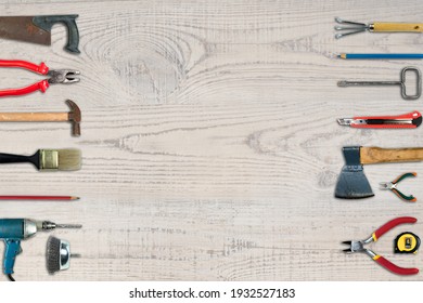 Tool Collage Isolated On A White Background Depicting Carpentry And Construction Tools. Top View