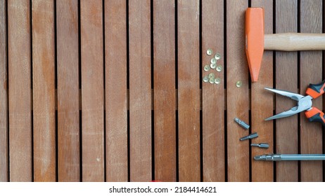 Tool Kit - Hammer, Screwdriver, Wire Cutters, Nails Place For Text